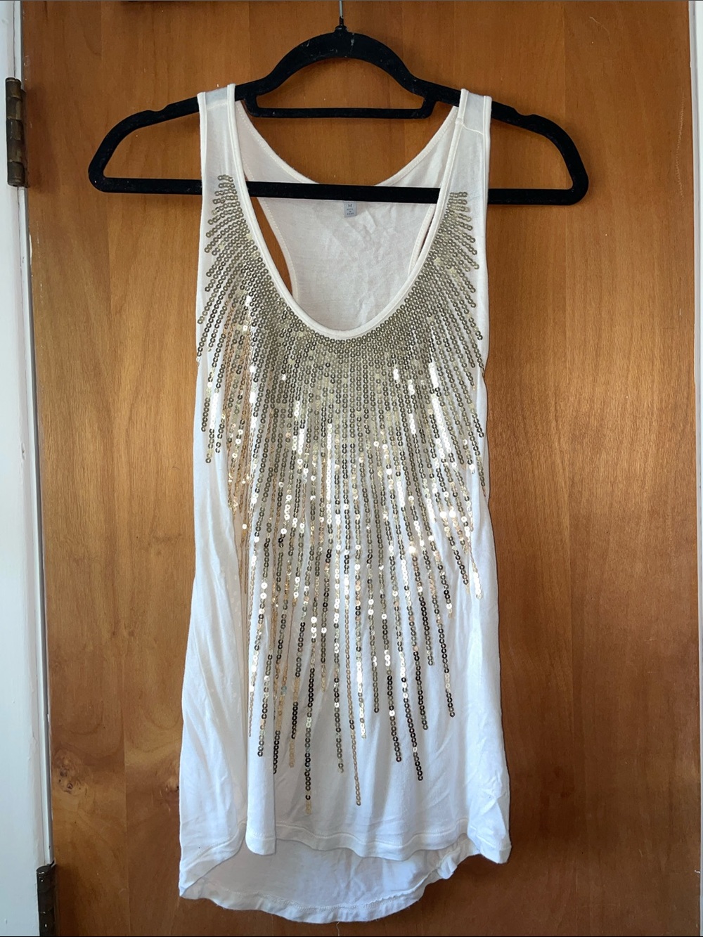 Charlotte Russe White Tank Top with Gold Sequin Fringe